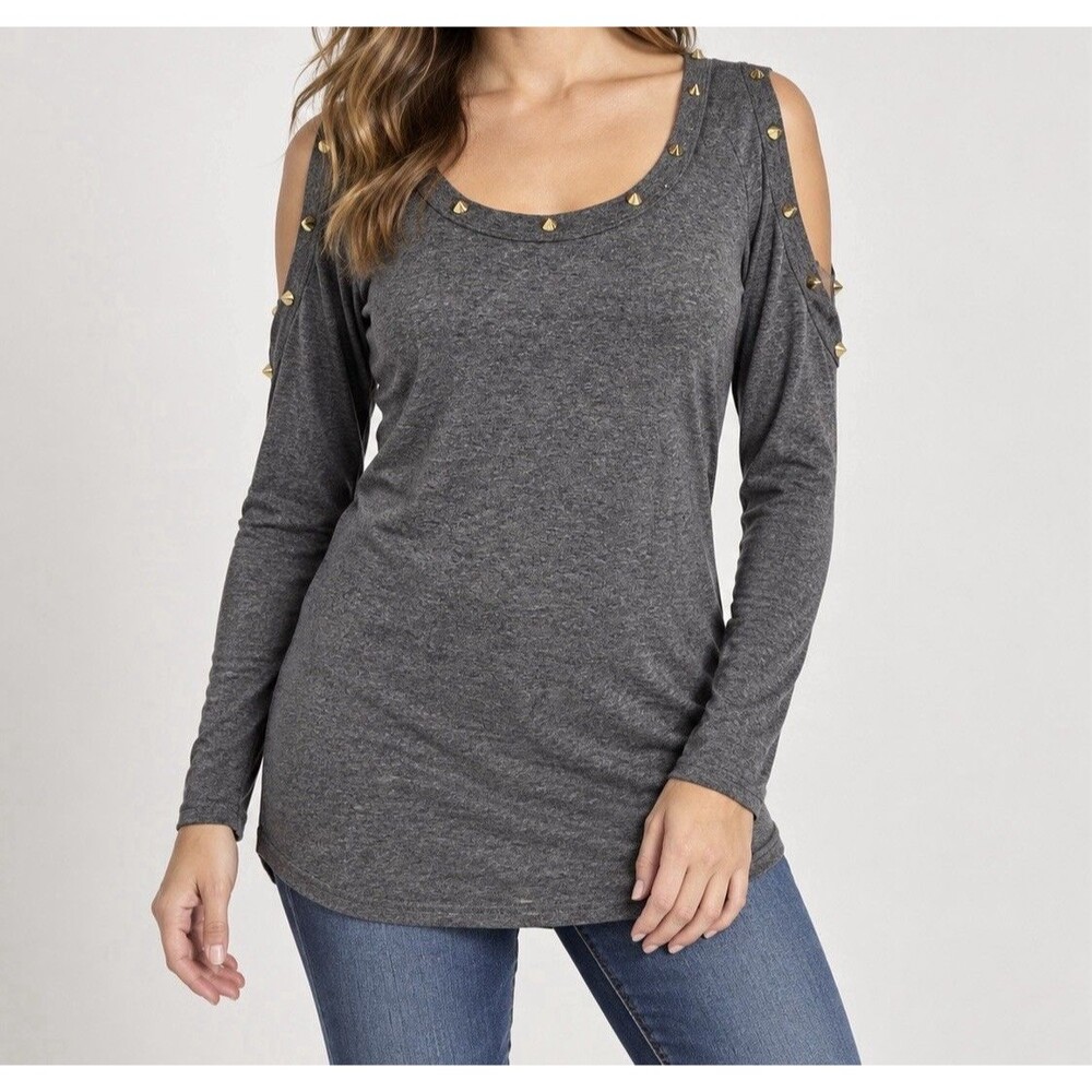 Charlotte Russe Womens M Gray Cold Shoulder Studded Long Sleeve Tunic Top